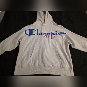 Champion Light Gray Hoodie with Blue and Red Logo